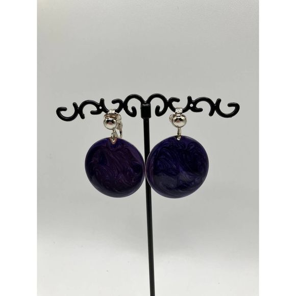 Purple Round Marble Clip-On Earrings Vintage! - Picture 3 of 11